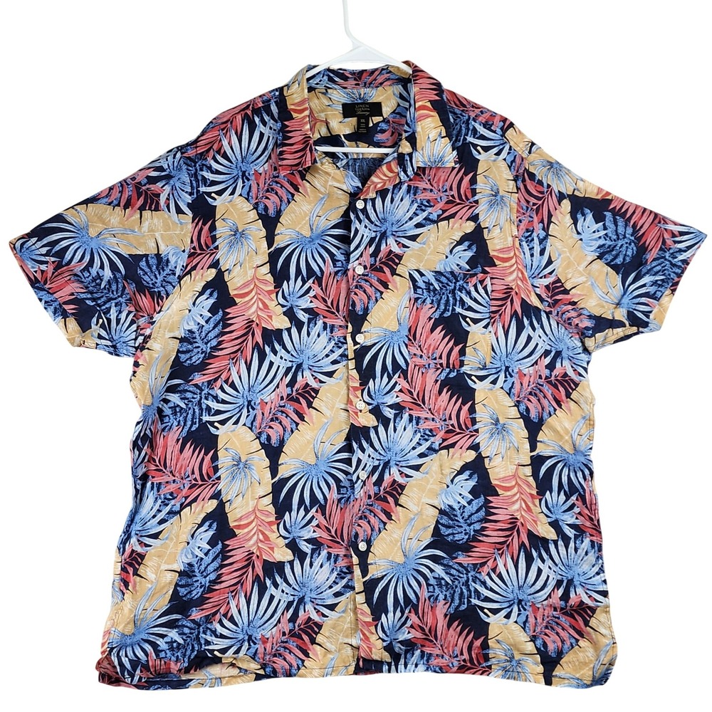 Club Room Luxury Linen Hawaiian Button Down Shirt Mens XXL Blue Resort Tropical‎